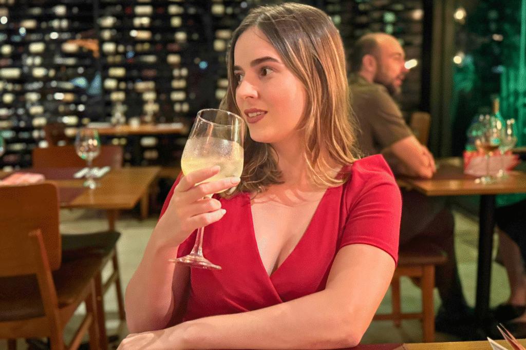 mulher segurando taça de vidro